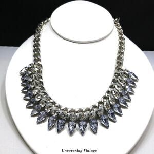 Clear Light Blue Rhinestone Necklace, Gray Ribbon, Silver Tone Thick Chain, 19"